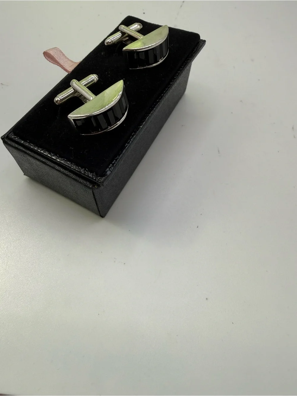 Tateossian Silver Cufflinks with Black Swavorski CrystalInset Semi-Curve Design